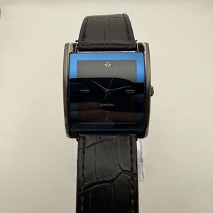 Men's Genuine Diamond Dial Wristwatch Black Band - Silver Bezel (New Battery)